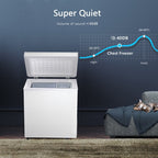 Congélateur à coffre de 1,8 pieds cubes avec panier amovible, drain inférieur, thermostat à 7 niveaux, design indépendant pour maison et appartement.