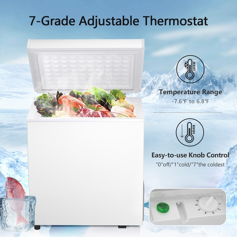 Congélateur à coffre de 1,8 pieds cubes avec panier amovible, drain inférieur, thermostat à 7 niveaux, design indépendant pour maison et appartement.
