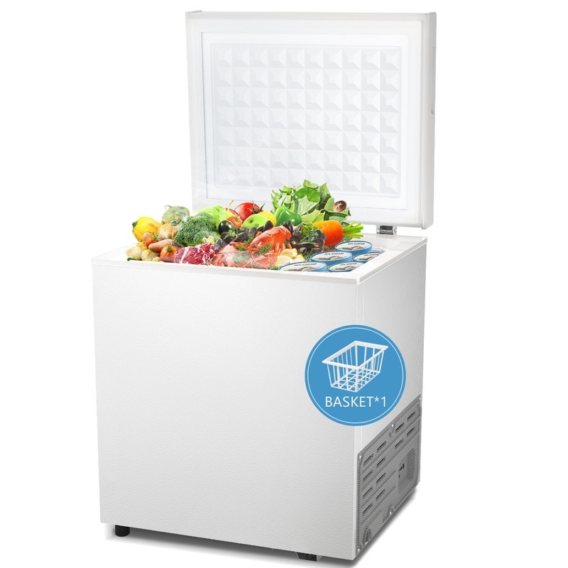 Congélateur à coffre de 1,8 pieds cubes avec panier amovible, drain inférieur, thermostat à 7 niveaux, design indépendant pour maison et appartement.