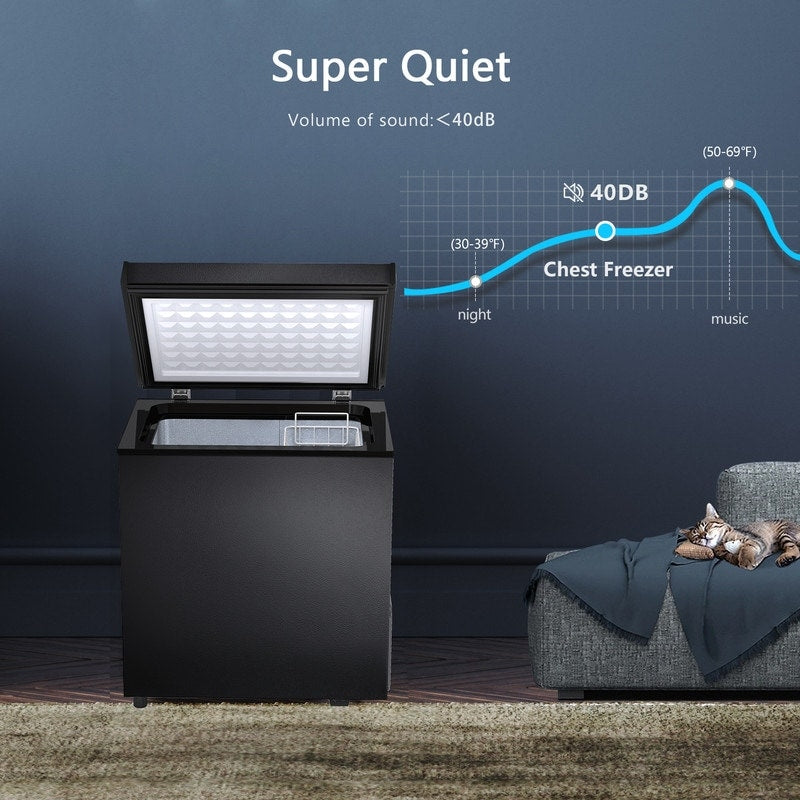 Congélateur à coffre de 1,8 pieds cubes avec panier amovible, drain inférieur, thermostat à 7 niveaux, design indépendant pour maison et appartement.