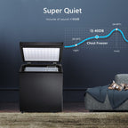 Congélateur à coffre de 1,8 pieds cubes avec panier amovible, drain inférieur, thermostat à 7 niveaux, design indépendant pour maison et appartement.