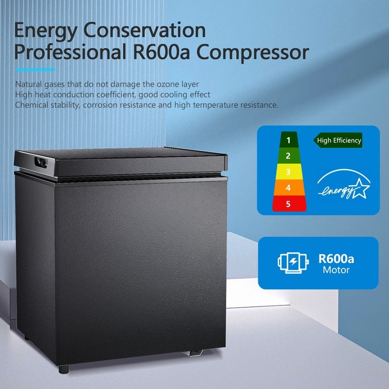 Congélateur à coffre de 1,8 pieds cubes avec panier amovible, drain inférieur, thermostat à 7 niveaux, design indépendant pour maison et appartement.