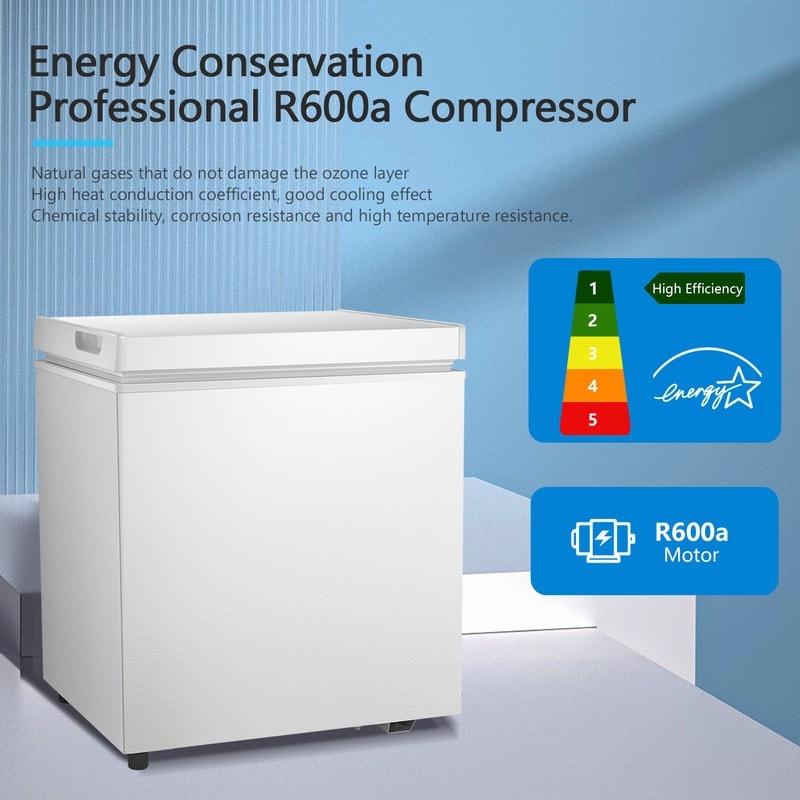 Congélateur à coffre de 1,8 pieds cubes avec panier amovible, drain inférieur, thermostat à 7 niveaux, design indépendant pour maison et appartement.