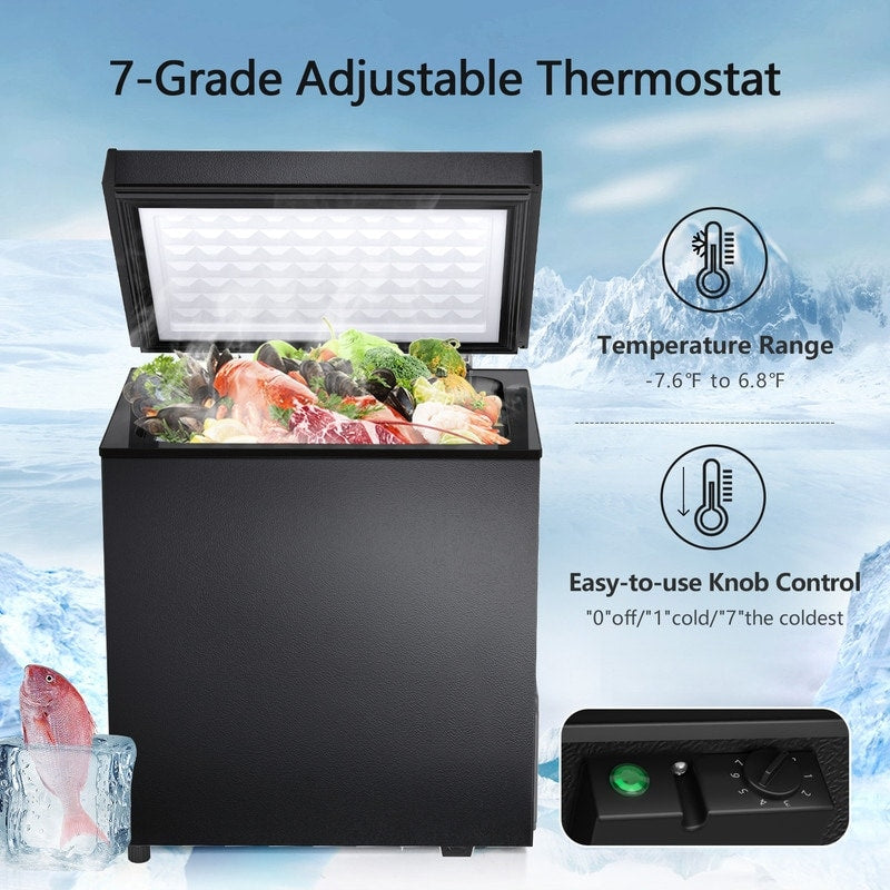 Congélateur à coffre de 1,8 pieds cubes avec panier amovible, drain inférieur, thermostat à 7 niveaux, design indépendant pour maison et appartement.