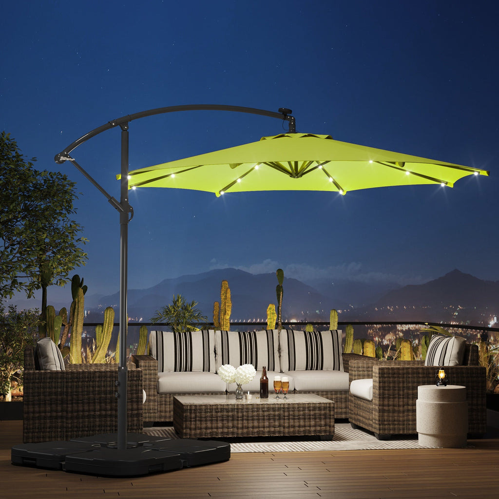 Parasol de terrasse à éclairage solaire de 3 mètres avec pied de support.