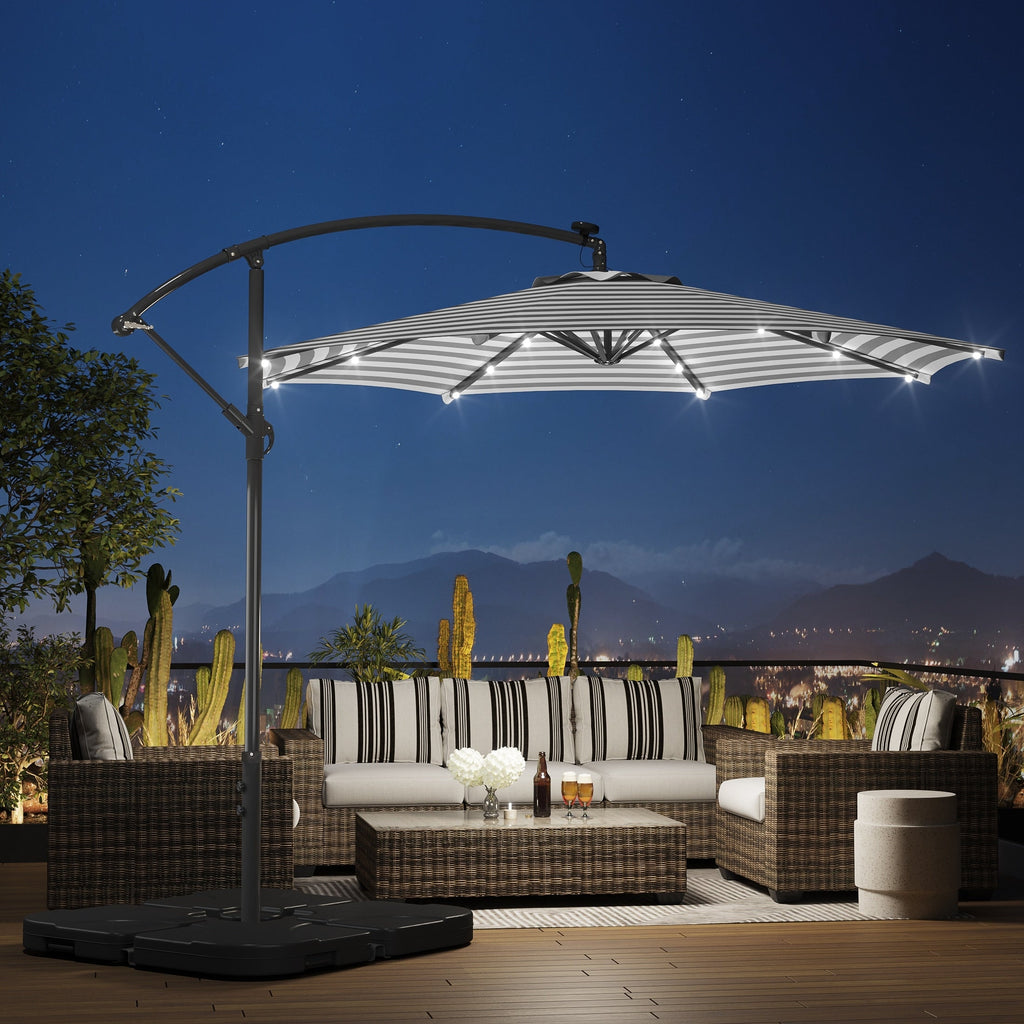 Parasol de terrasse à éclairage solaire de 3 mètres avec pied de support.