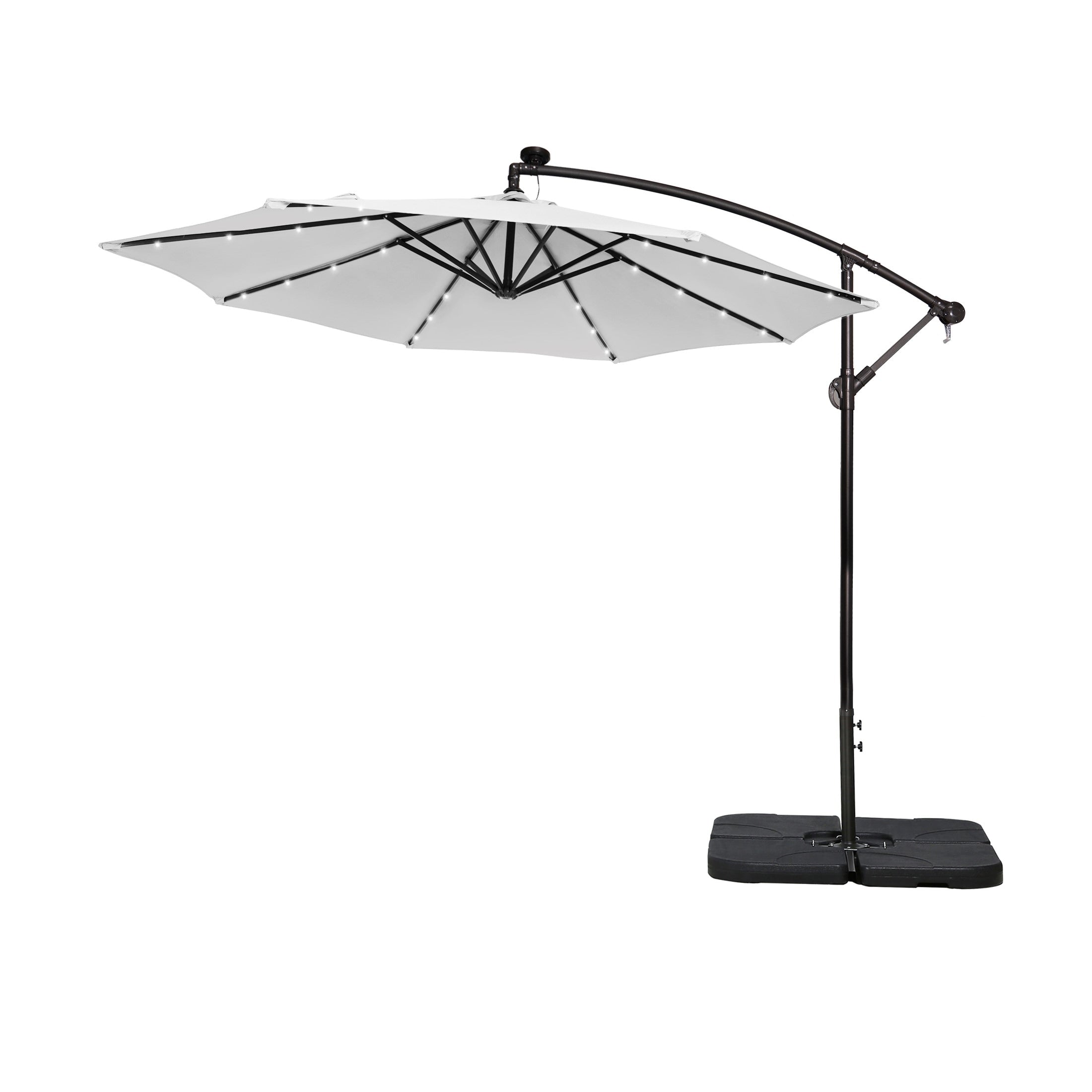 Parasol de terrasse à éclairage solaire de 3 mètres avec pied de support.
