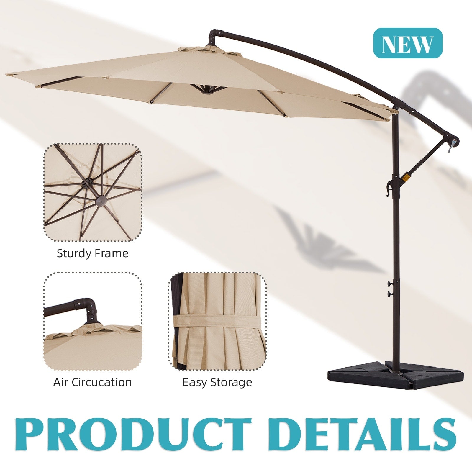 Parasol cantilever en acier de 3 m avec levier de manivelle et base lestée