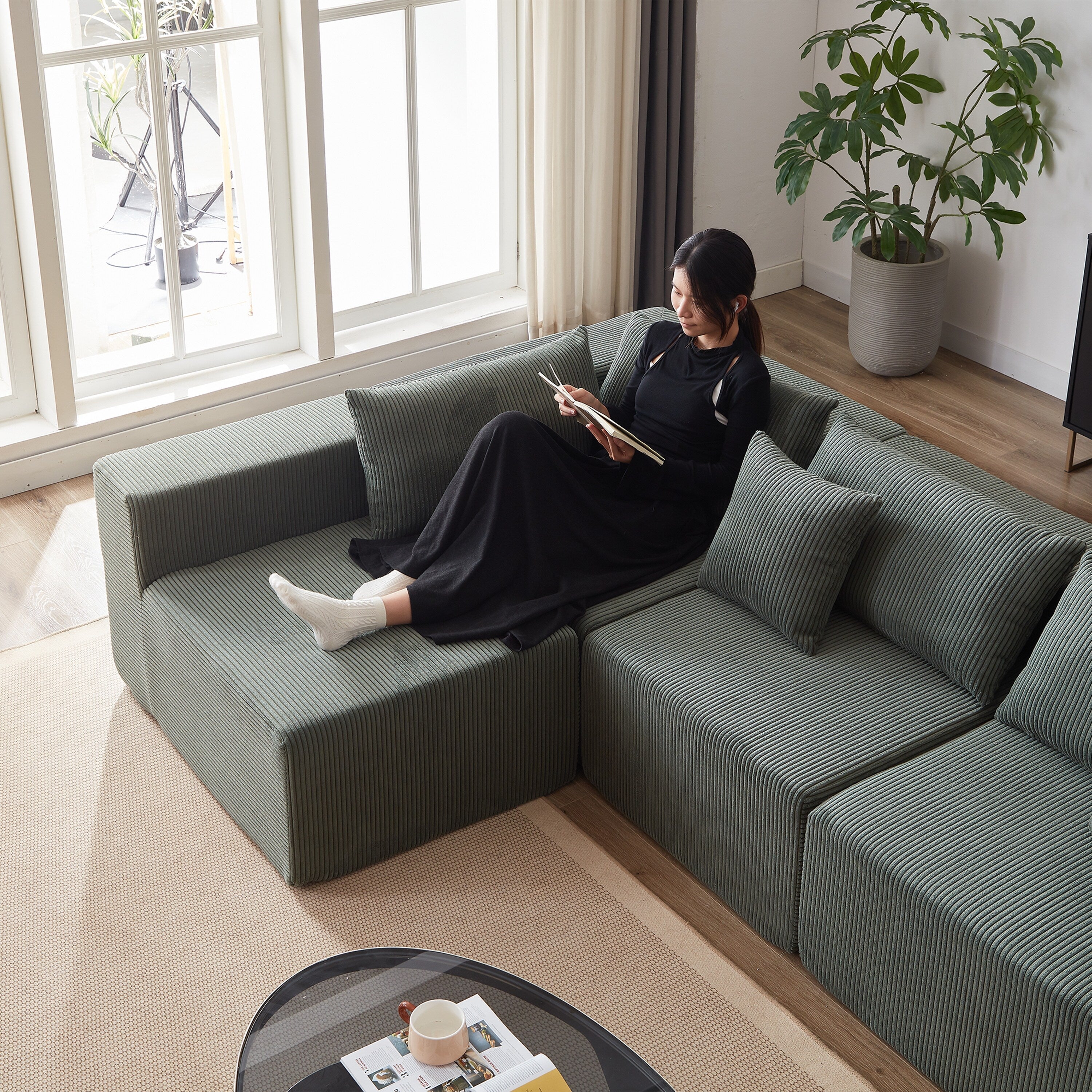 Canapé d'angle modulaire en cordouroy de 264 cm, ensemble de canapé de sol, canapé compressé rempli de mousse, combinaison libre de 4 pièces.