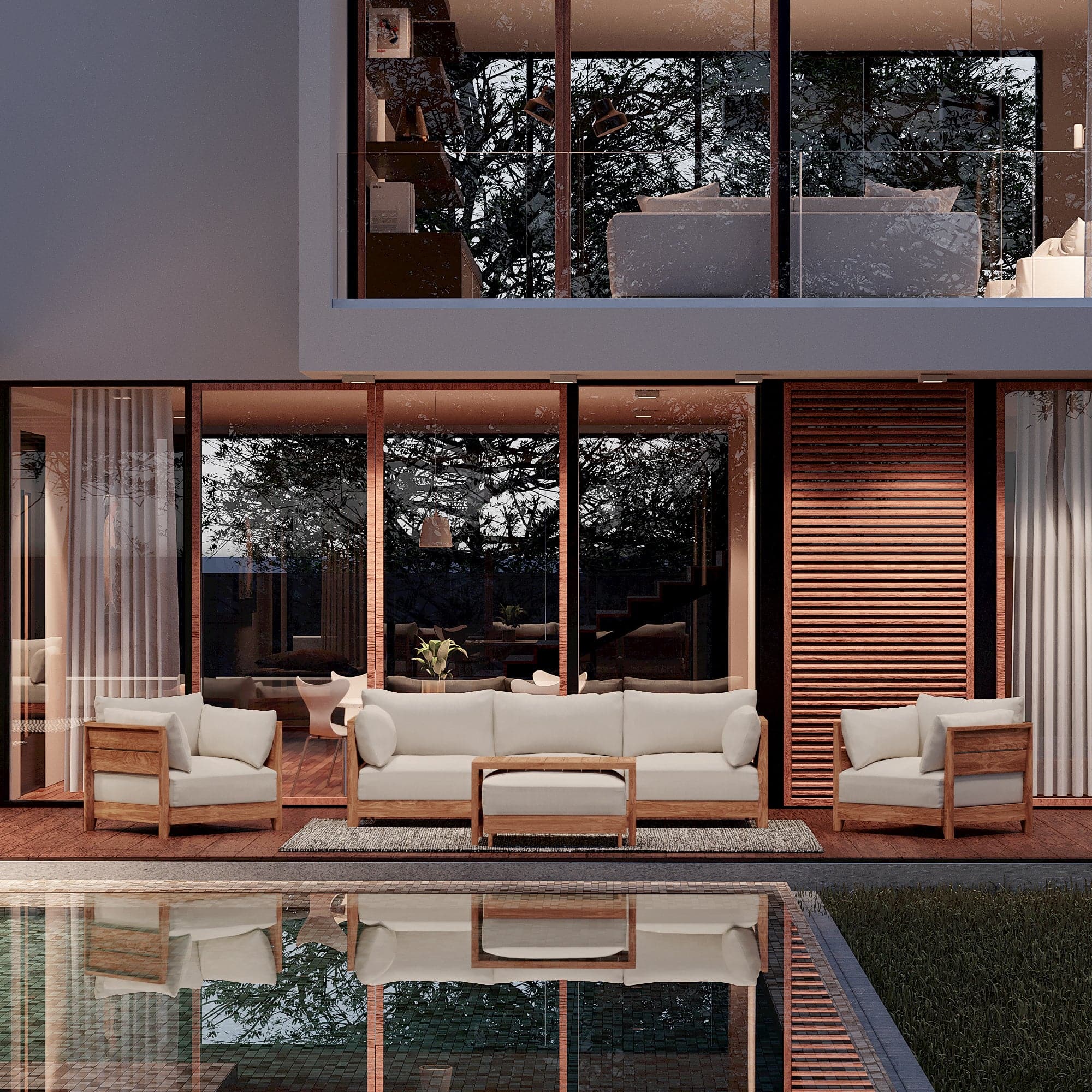 Ensemble modulable de canapé et de fauteuil d'extérieur en teck | Tissu Nano Slubweave couleur Chai