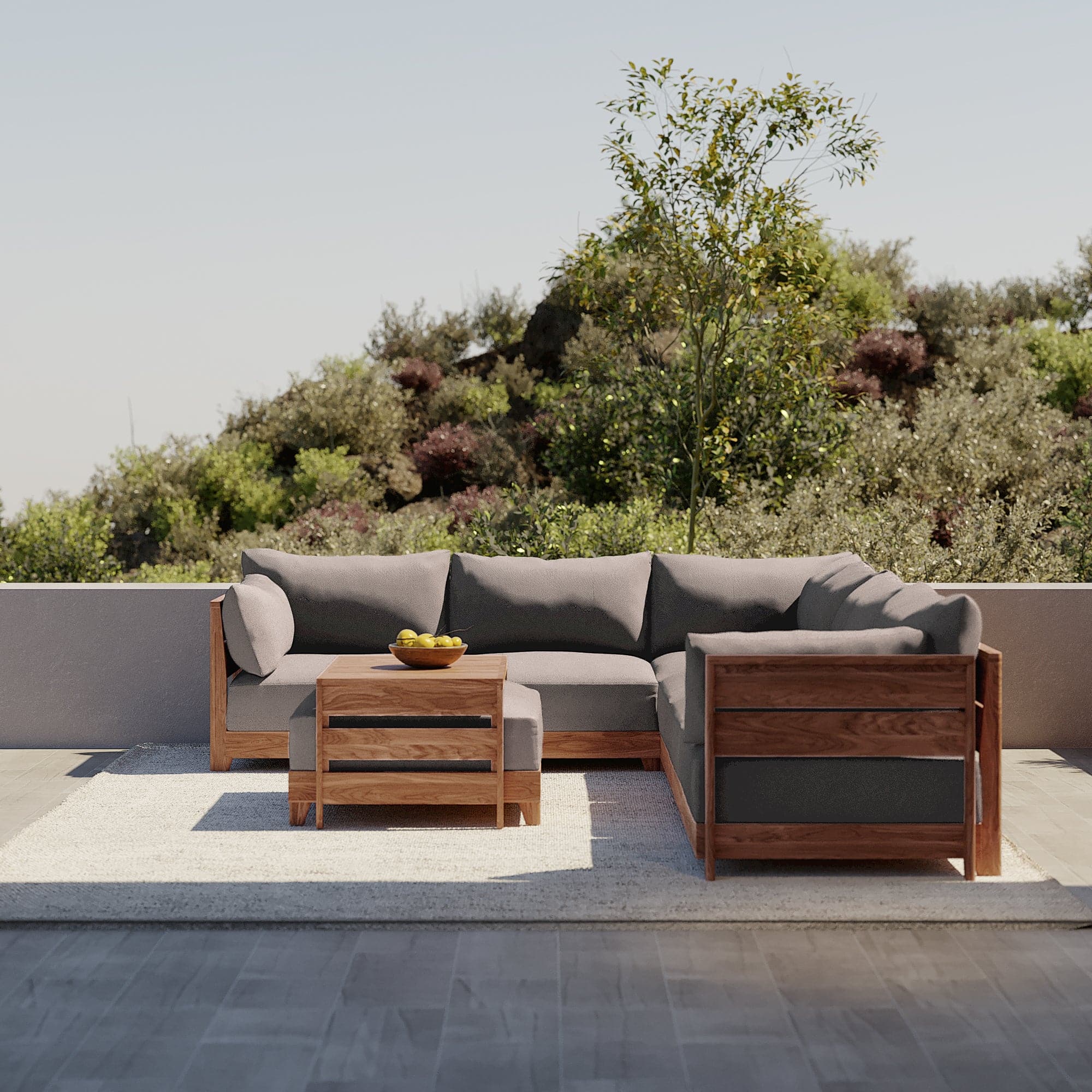 Canapé d'extérieur modulable en teck | Tissu Nano Slubweave gris clair