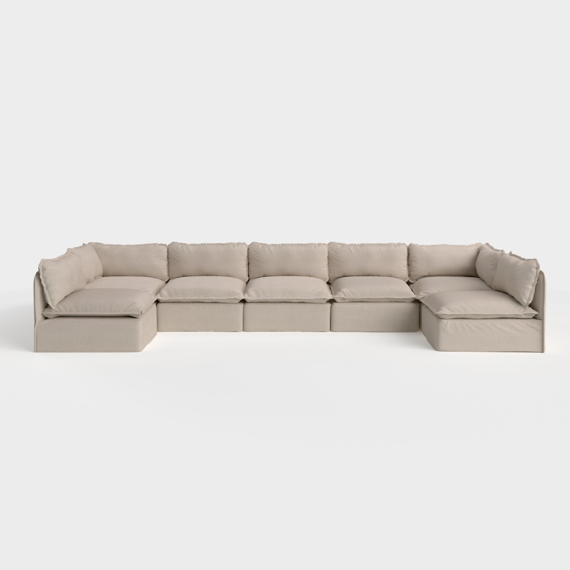Sectional d'extérieur modulaire à 7 places avec extrémités ouvertes, lavable, en forme de U | Toile classique couleur sable