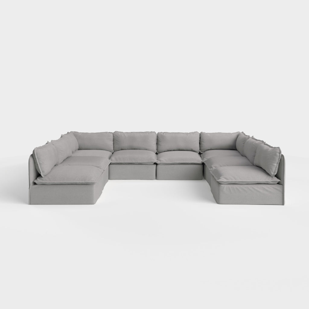 Sectionnel U modulable pour extérieur, 8 places, avec extrémités ouvertes, en toile classique gris pierre, lavable.