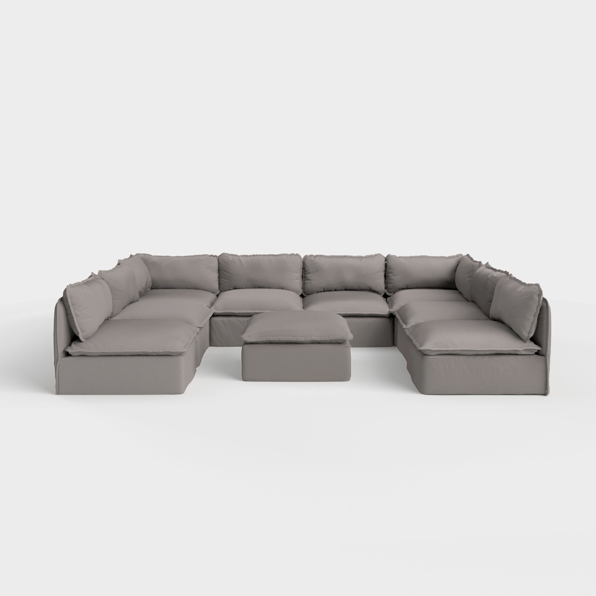 Salon modulable d'extérieur lavable en forme de U avec 8 places et pieds décalés + pouf | Tissu Nano Slubweave gris clair