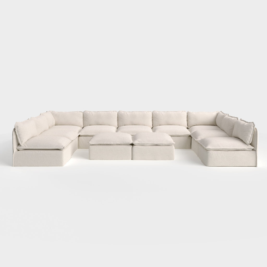 Salon d'extérieur modulable 9 places avec pieds déchaussables en forme de U + pouf ottant | Alfresco Boucle en crème, lavable