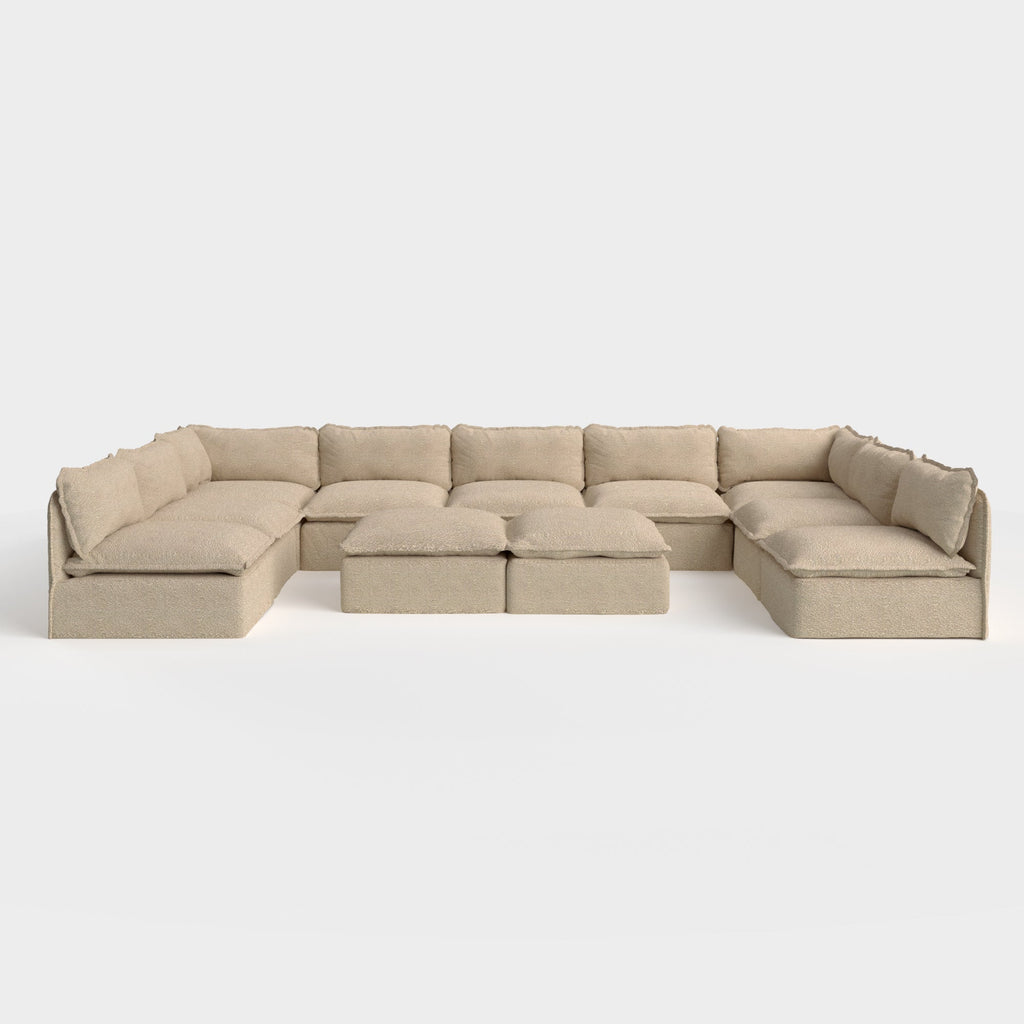 Salon modulable d'extérieur 9 places avec pieds décalés en forme de U + pouf ottomalin lavable | Alfresco Boucle en couleur Noisette