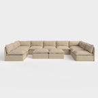 Salon modulable d'extérieur 9 places avec pieds décalés en forme de U + pouf ottomalin lavable | Alfresco Boucle en couleur Noisette