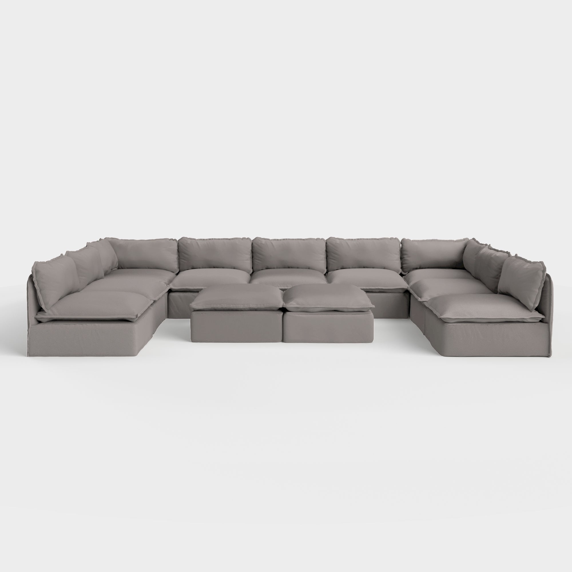 Module d'extérieur lavable, canapé d'angle U à 9 places avec pieds ouverts + pouf ottomane | Tissu Nano Slubweave gris clair