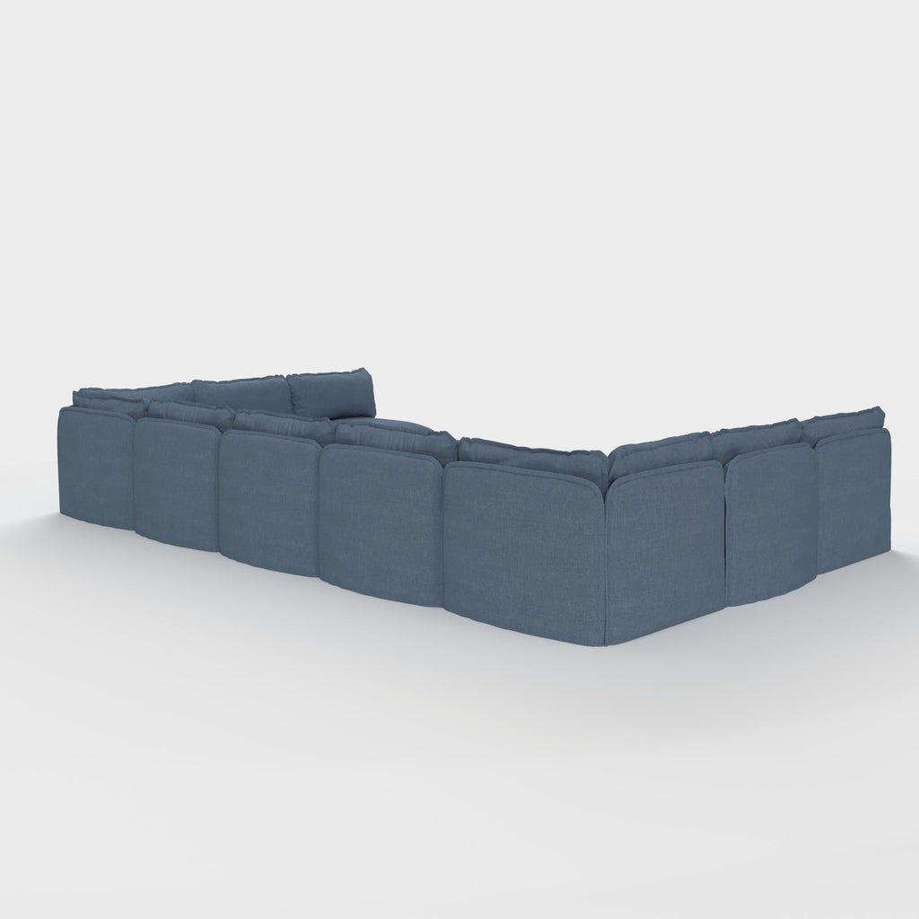 Module d'extérieur modulaire lavable, canapé U 9 places avec extrémités ouvertes + pouf ottomane | Toile classique couleur océan