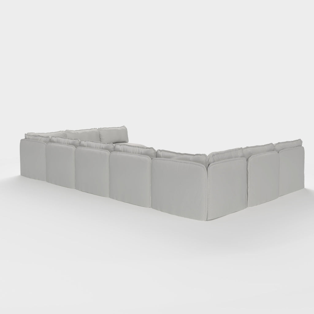 Salon d'extérieur modulable 9 places avec pieds U et pouf ottant convertible | Tissu Nano Slubweave couleur brume