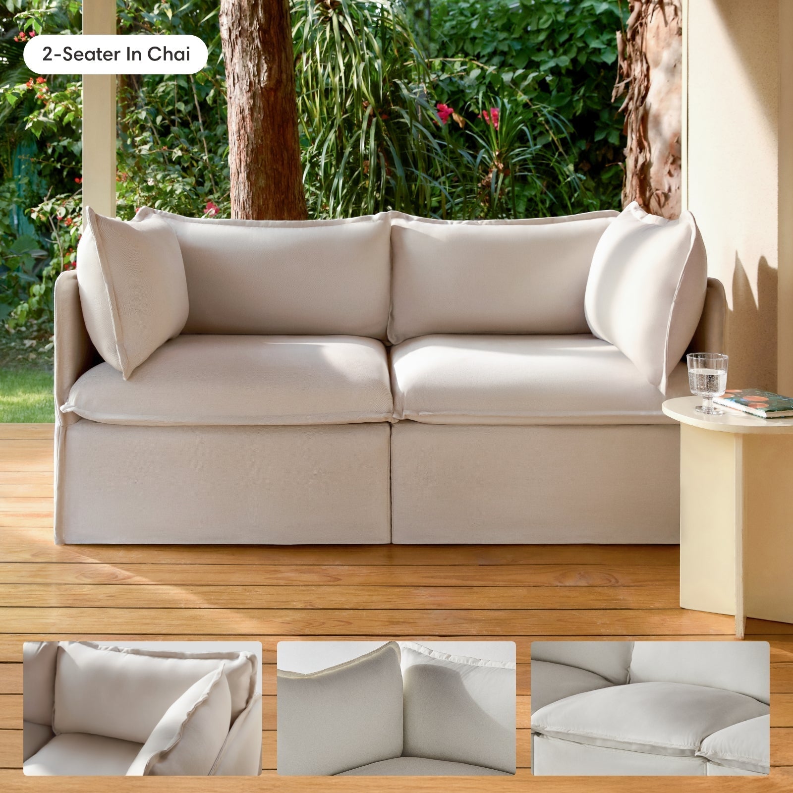 Module d'assise U extensible pour extérieur, lavable, 9 places, avec extrémités ouvertes | Tissu Nano Slubweave couleur Chai