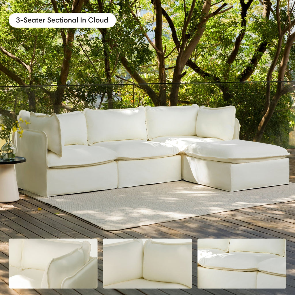 Salon d'extérieur modulable 9 places avec bouts ouverts en forme de U + pouf ottomalin | Toile classique couleur nuage