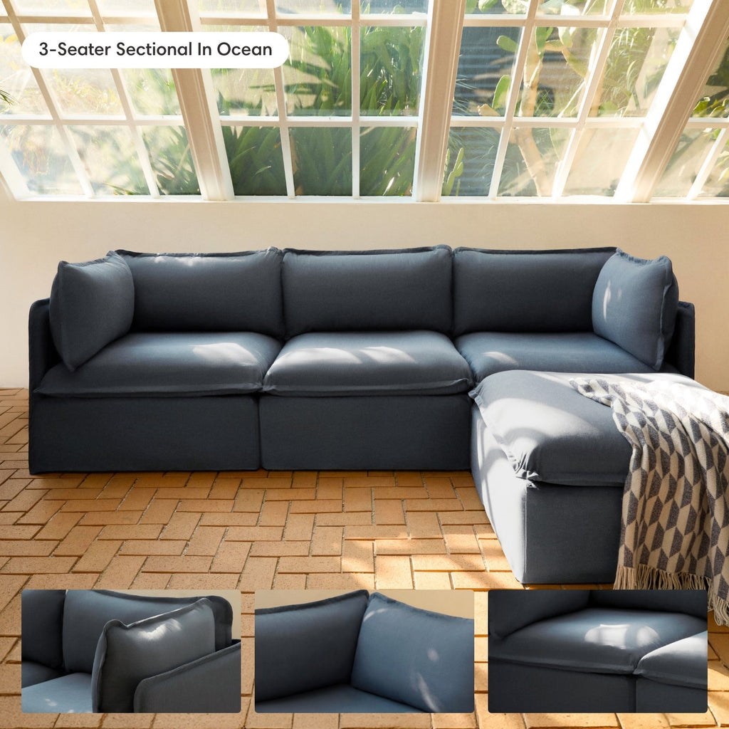 Salon modulable d'extérieur lavable en forme de U avec 8 places assises et pieds décalés + pouf | Toile classique couleur océan