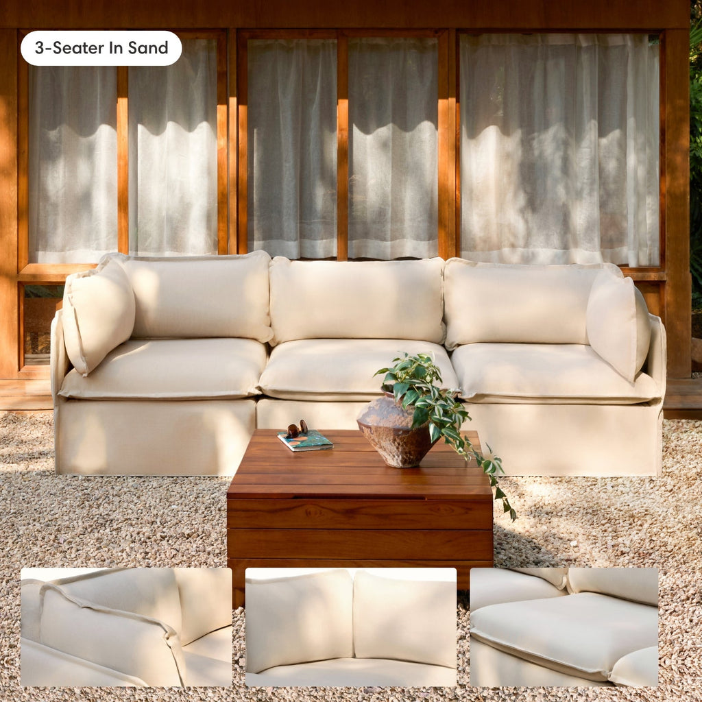 Sectionnel U modulaire d'extérieur lavable à 9 places avec extrémités ouvertes | Toile classique couleur sable