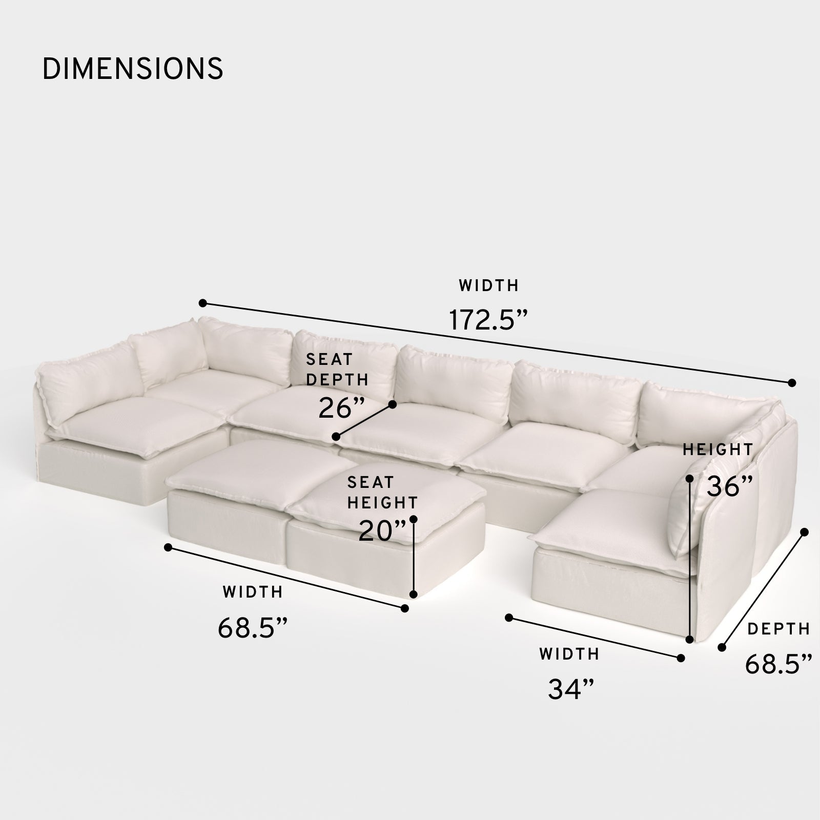 Salon d'extérieur modulaire lavable en forme de U avec 7 places et pieds décalés + pouf ottomane | Tissu Nano Slubweave couleur Chai