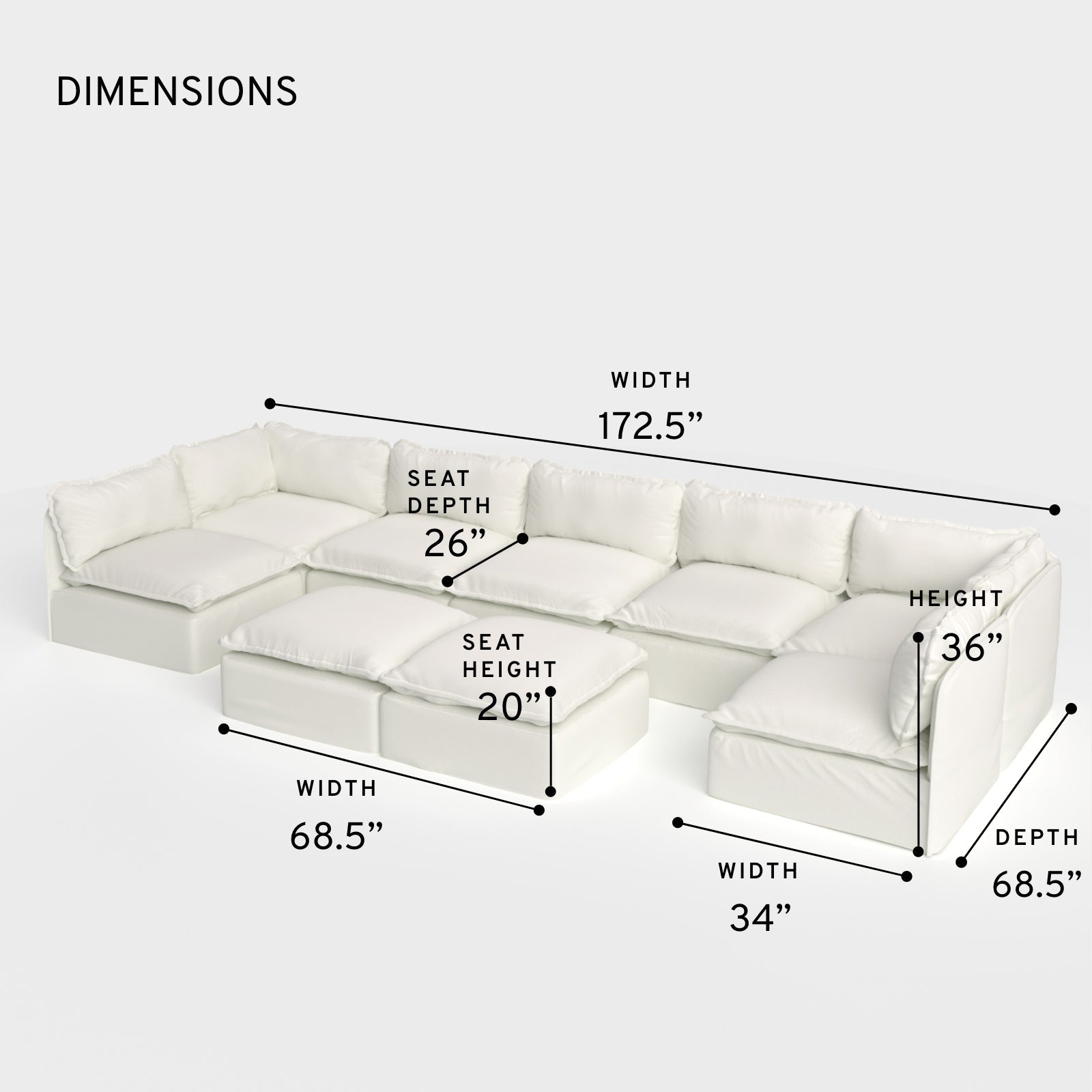 Salon d'extérieur modulaire lavable en forme de U avec 7 places et pieds décalés + pouf ottomal | Toile classique couleur nuage