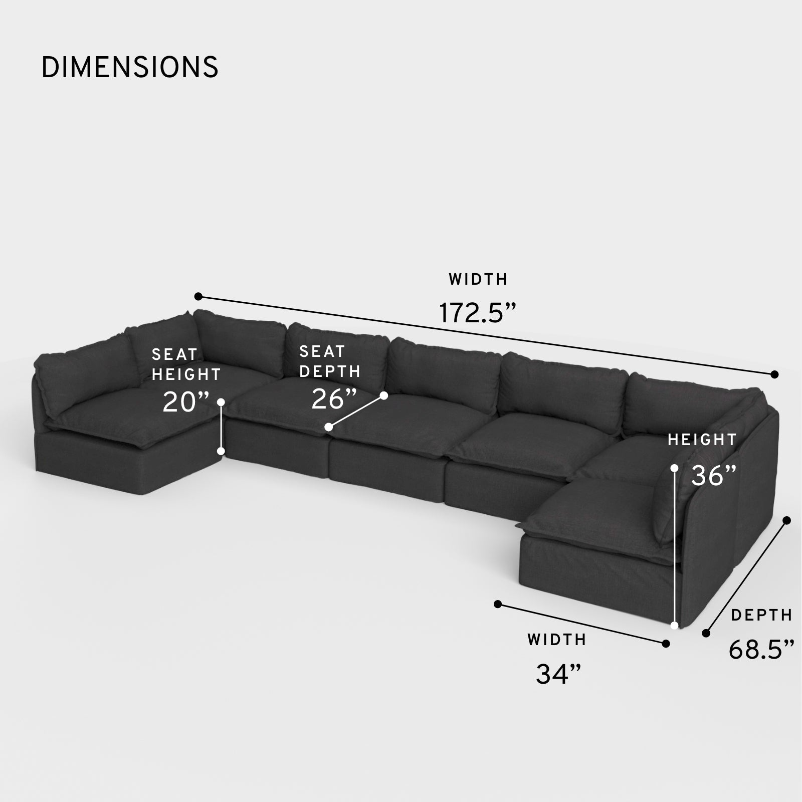 Sectional modulable d'extérieur lavable à 7 places avec extrémités ouvertes en forme de U | Toile classique couleur anthracite