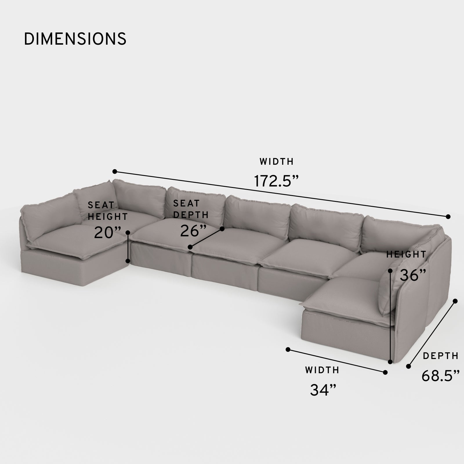 Section U modulable pour extérieur, 7 places, avec extrémités ouvertes, lavable | Tissu Nano Slubweave gris clair
