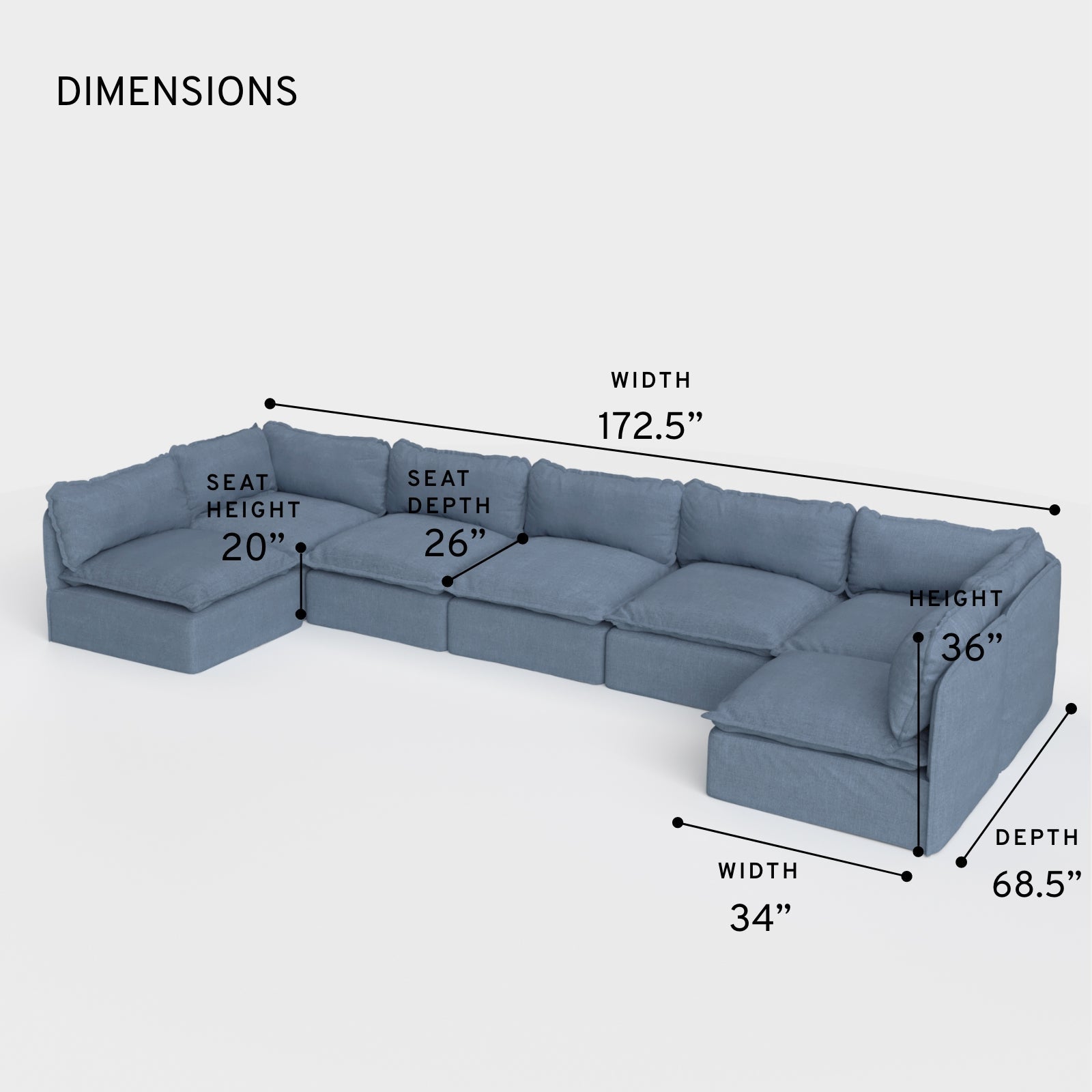 Sectional d'extérieur modulaire lavable en forme de U à 7 places avec extrémités ouvertes | Toile classique couleur océan