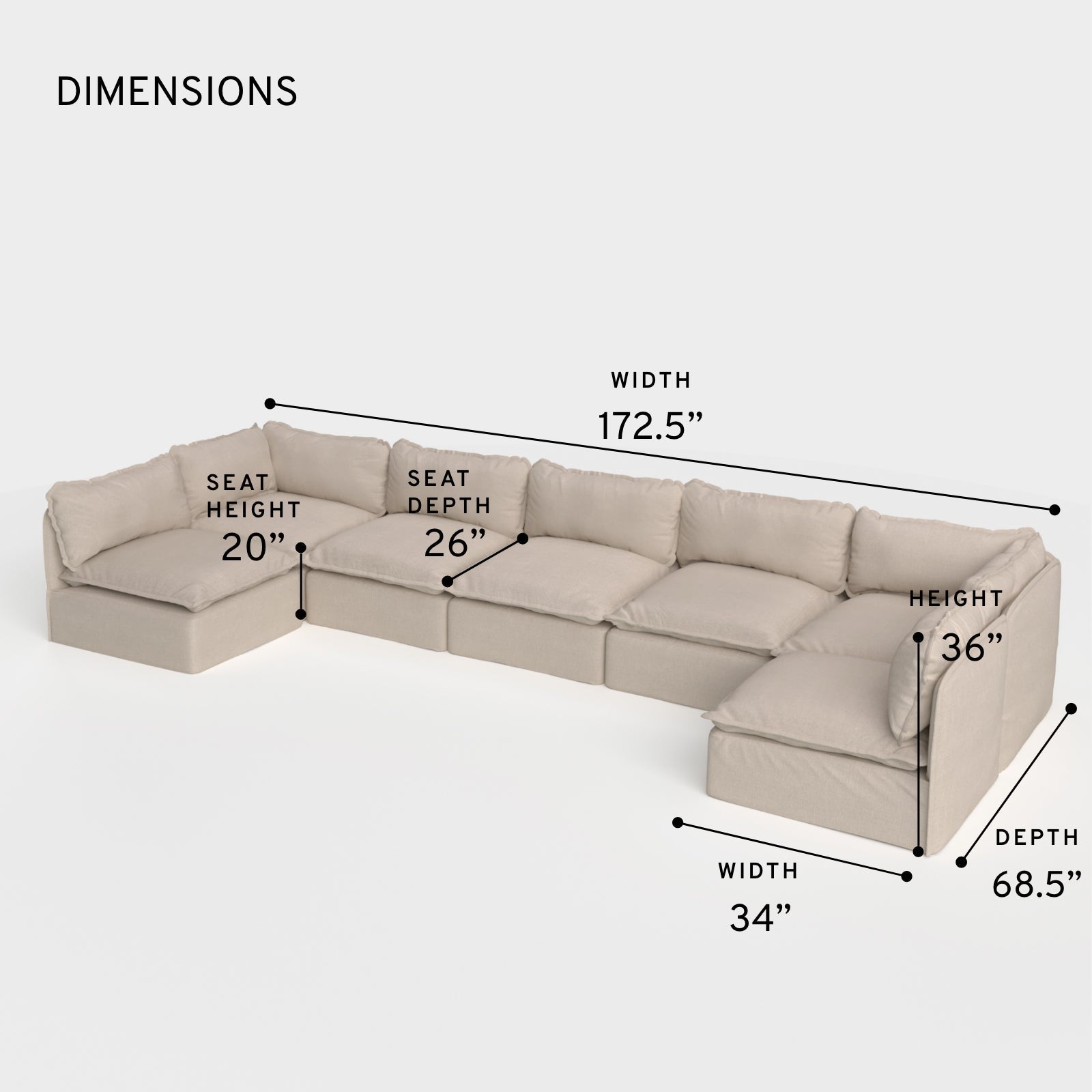Sectional d'extérieur modulaire à 7 places avec extrémités ouvertes, lavable, en forme de U | Toile classique couleur sable
