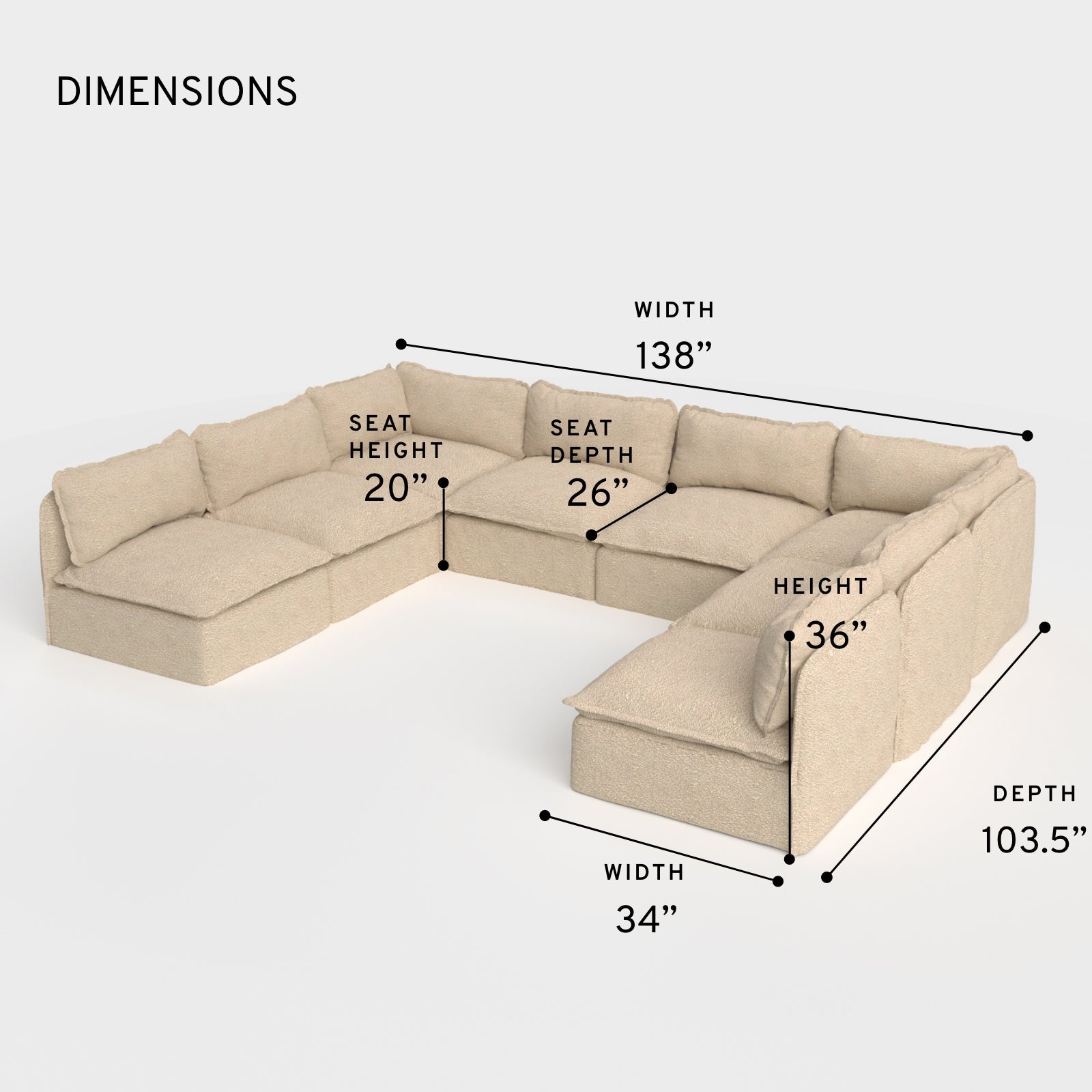 Salon modulable d'extérieur lavable en forme de U avec 8 places assises et extrémités ouvertes | Alfresco Boucle en couleur Noisette
