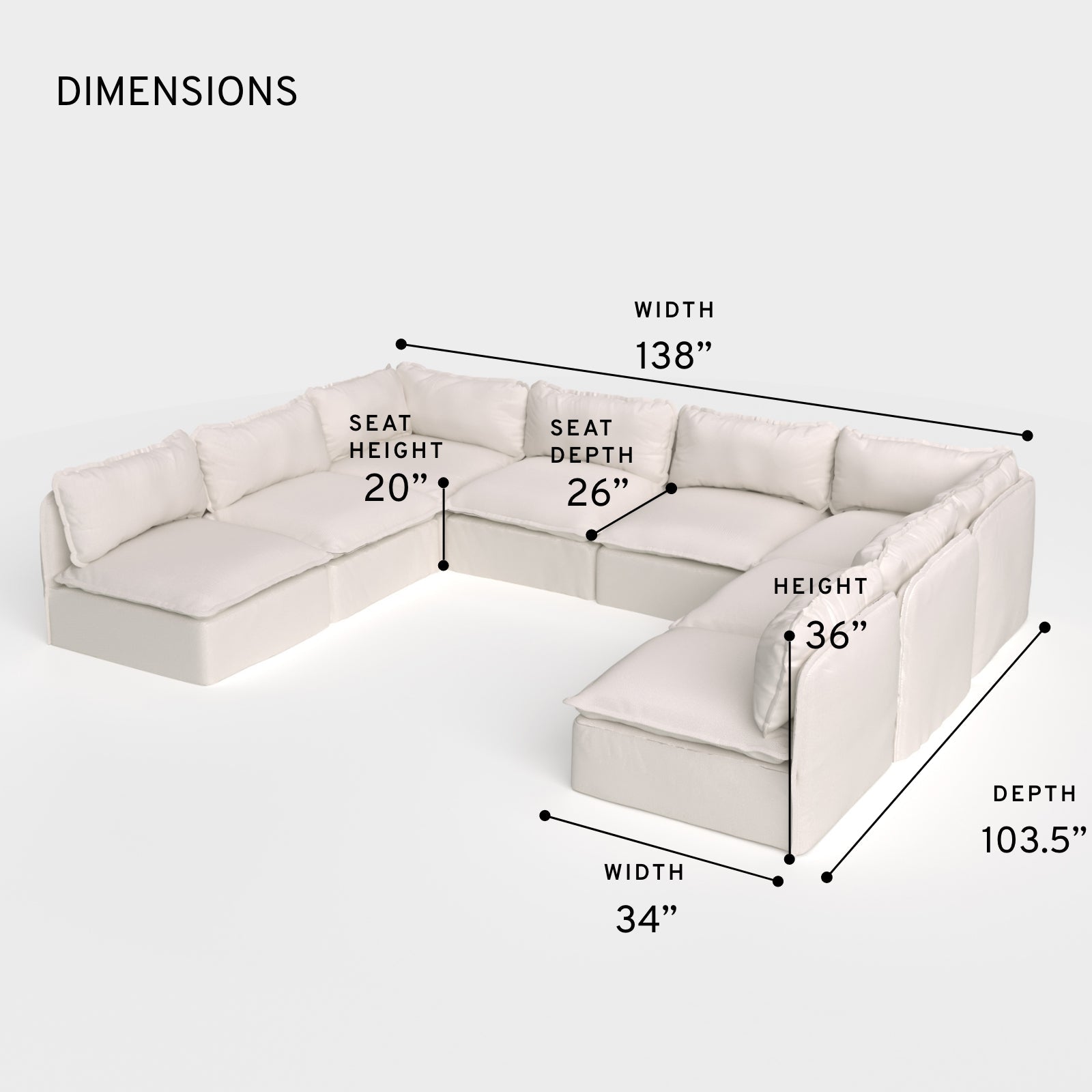 Module d'assise U extensible pour extérieur, 8 places, avec finitions ouvertes | Tissu Nano Slubweave couleur Chai