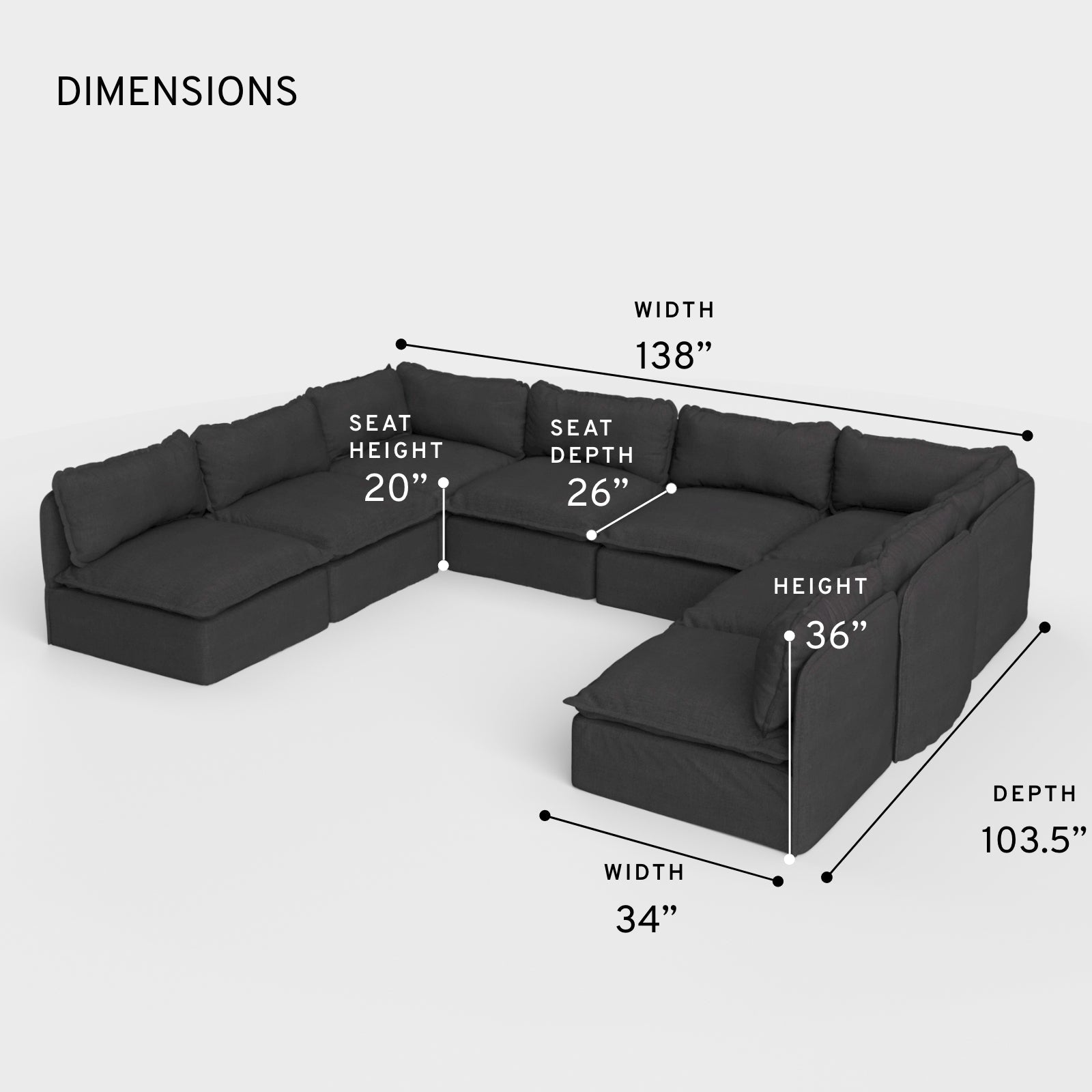 Sectional U-Form Modulaire pour Extérieur, 8 Places, Extrémités Ouvertes, Lavable | Toile Classique Anthracite