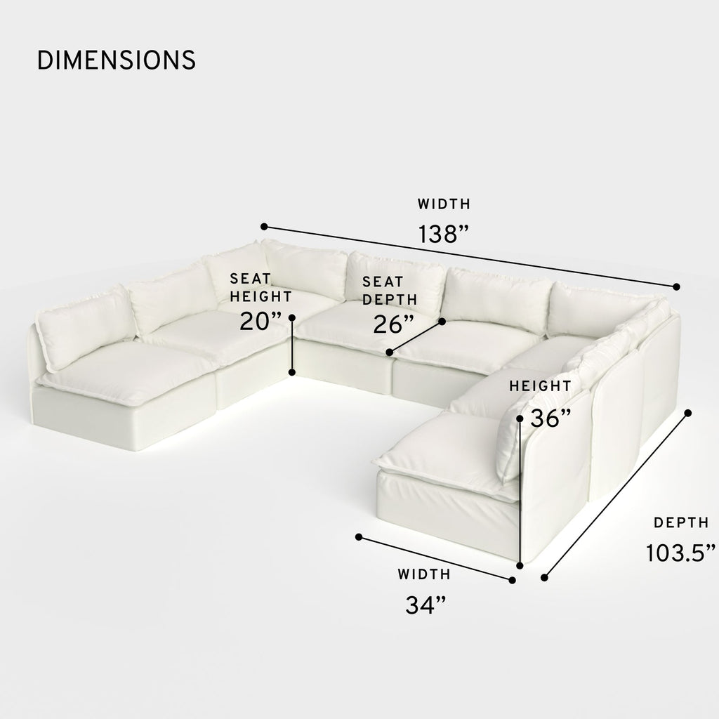 Salon modulable d'extérieur lavable en forme de U à 8 places avec extrémités ouvertes | Toile classique couleur nuage