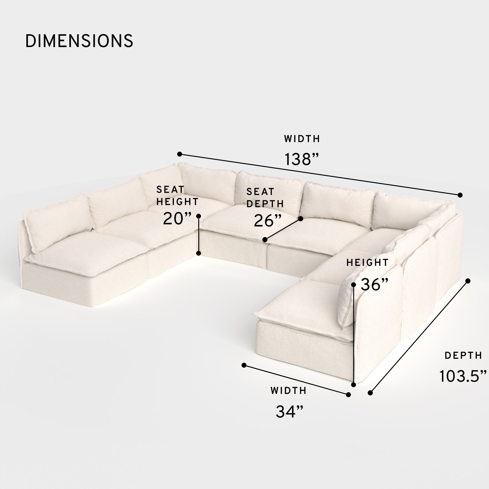 Salon modulable d'extérieur lavable en forme de U avec 8 places assises et extrémités ouvertes | Alfresco Boucle en crème