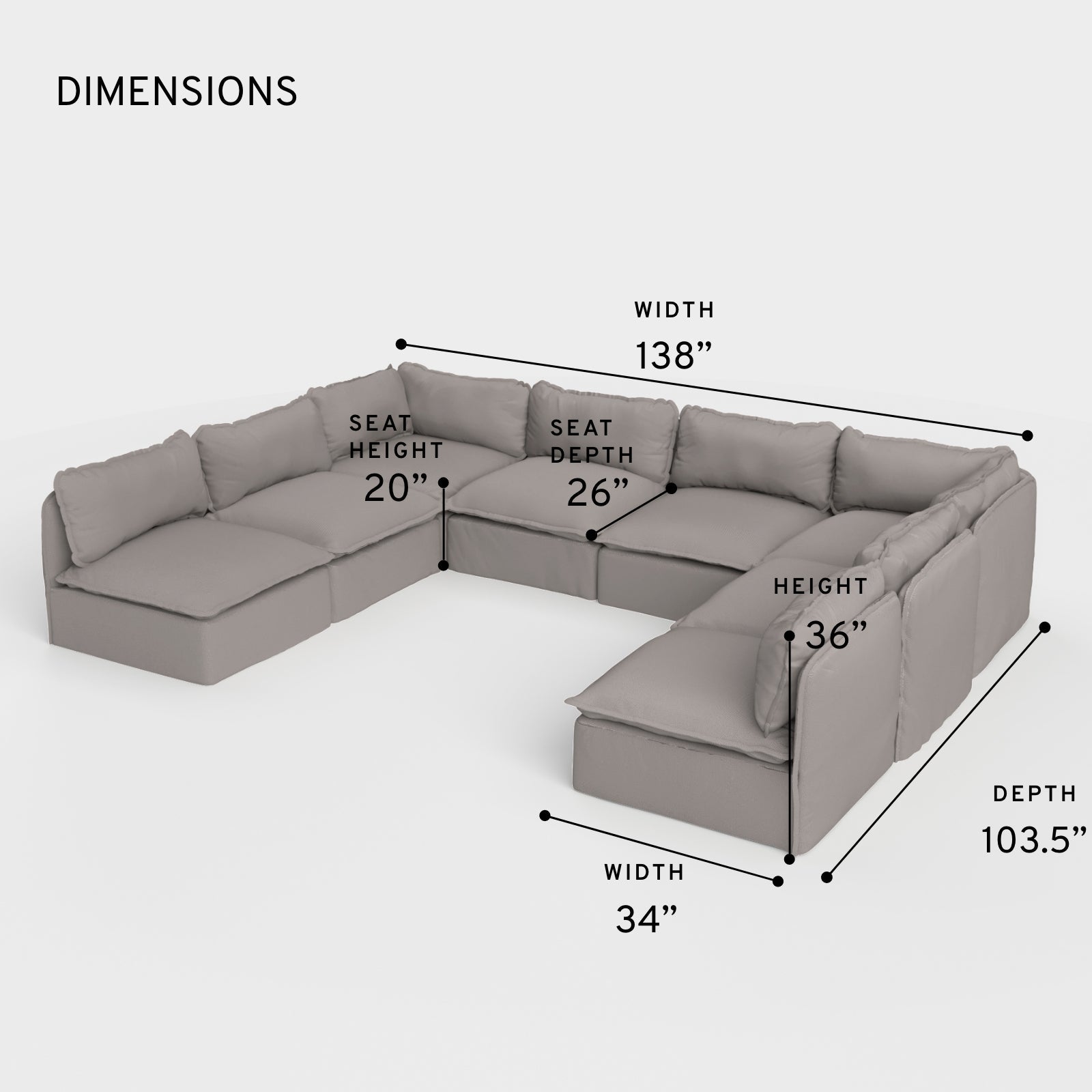 Sectional modulable d'extérieur lavable à 8 places avec extrémités ouvertes en forme de U | Tissu Nano Slubweave gris perle
