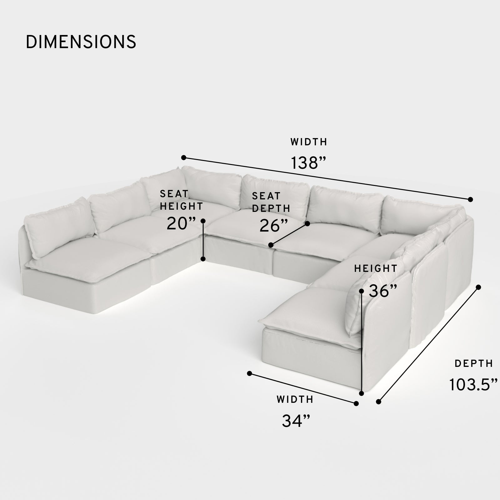 Section U modulaire d'extérieur lavable à 8 places avec extrémités ouvertes | Tissu Nano Slubweave couleur brume
