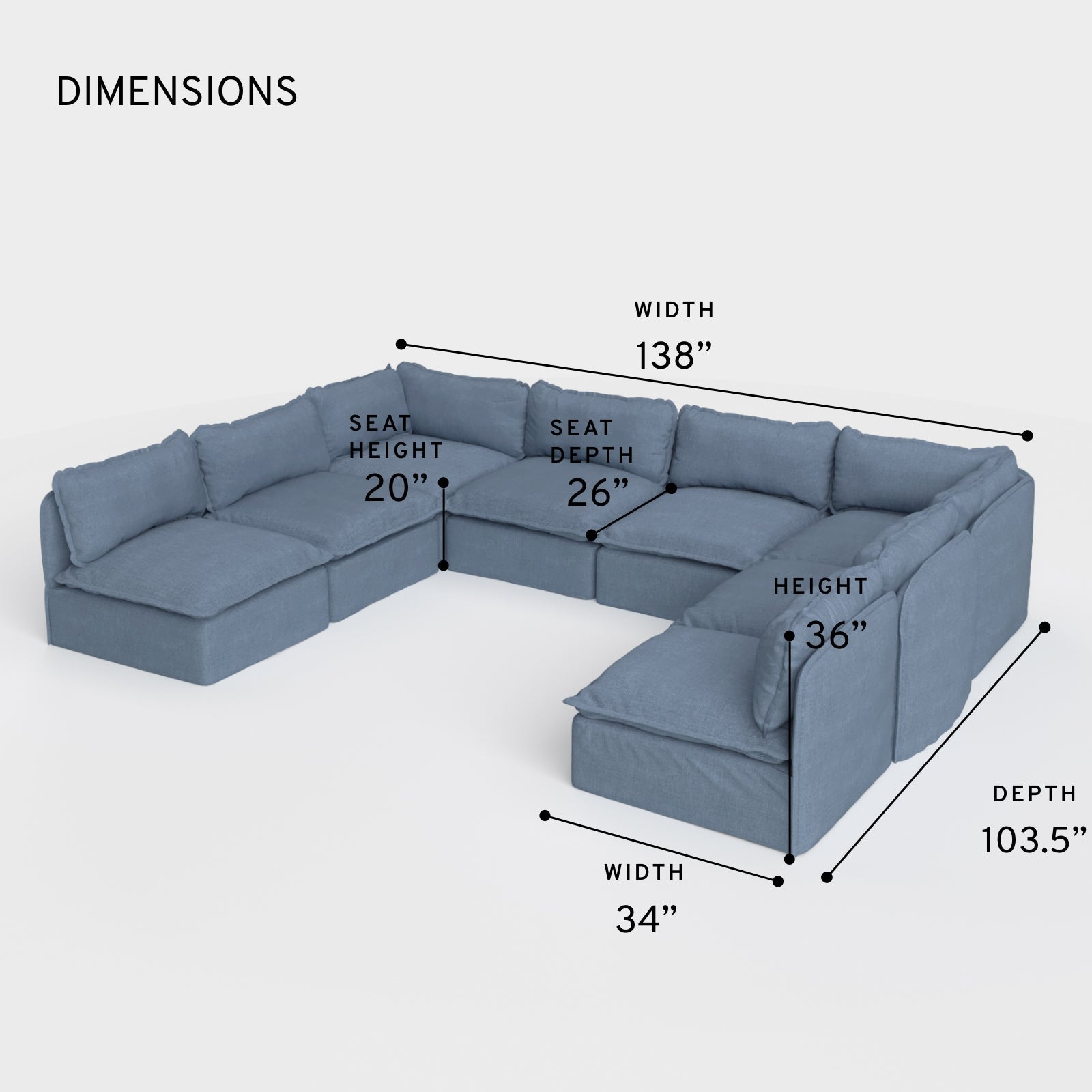 Sectional en U modulaire d'extérieur lavable à 8 places avec extrémités ouvertes | Toile classique en Ocean