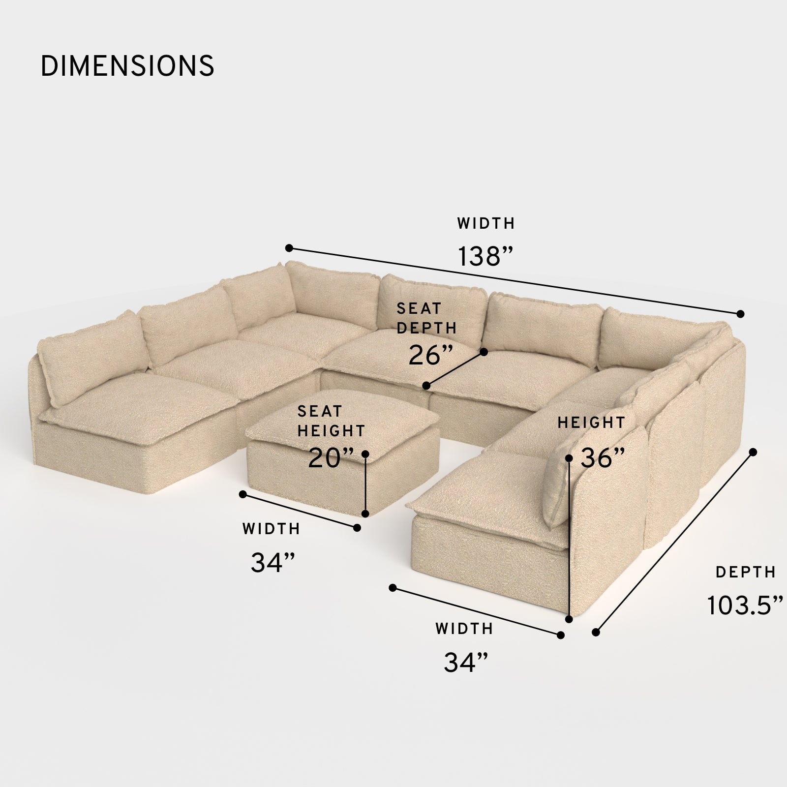Sectional U-Shape 8 Places Extérieur Modulaire avec Pieds Ouverts et Pouf Lavables | Alfresco Boucle en Noisette