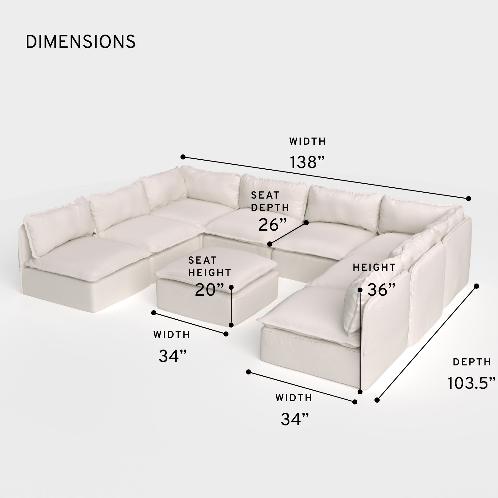Sectional U en forme de U modulaire pour extérieur, 8 places, avec pieds et pouf, lavable | Tissu Nano Slubweave couleur Chai
