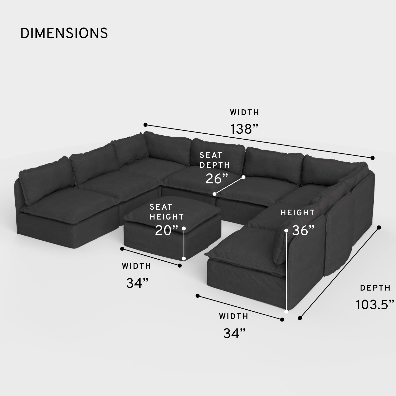 Salon modulable d'extérieur 8 places en forme de U avec pieds ouverts et pouf, lavable | Toile classique anthracite