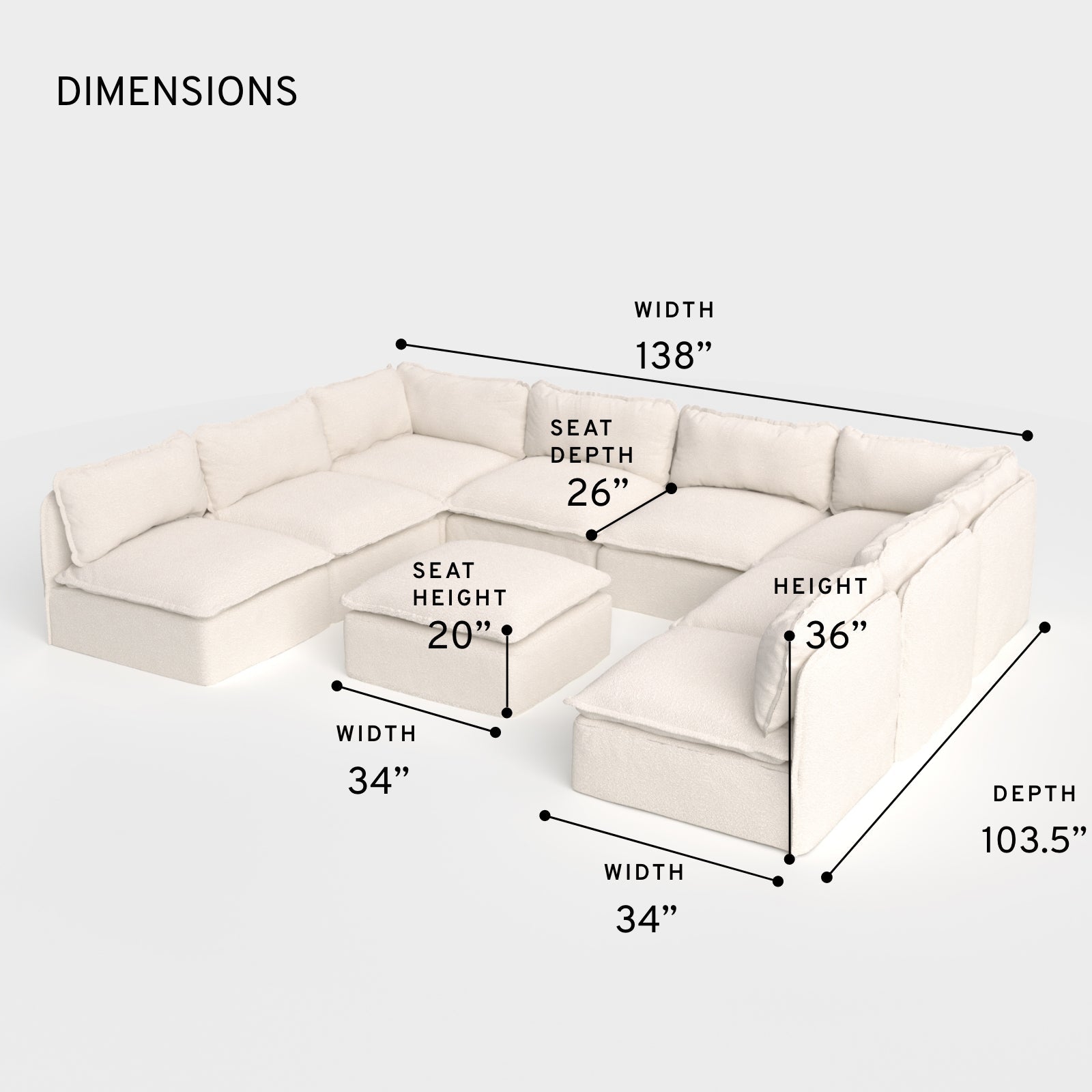 Salon modulable d'extérieur 8 places avec pieds droits et pouf, lavable, en forme de U | Alfresco Boucle en crème
