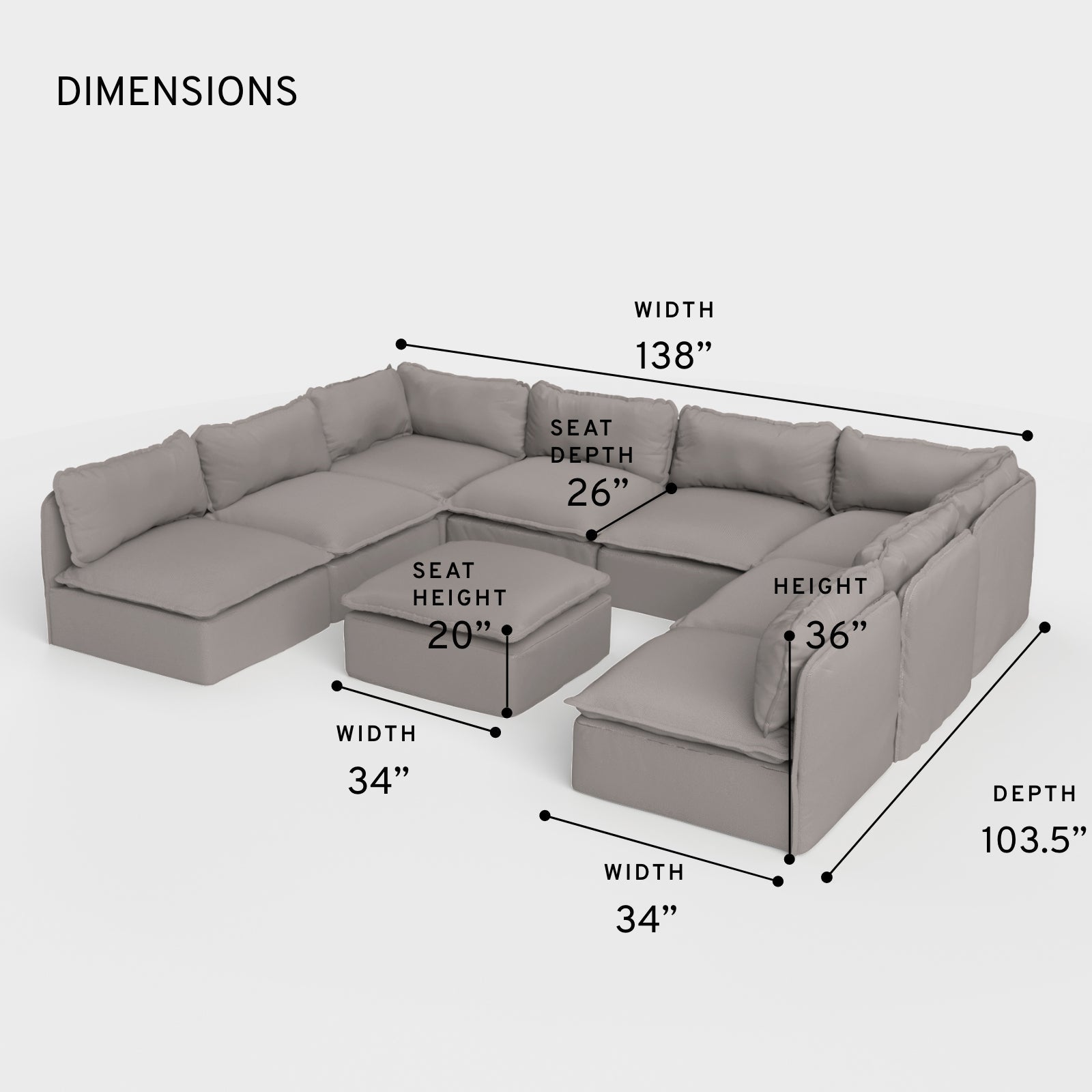Salon modulable d'extérieur lavable en forme de U avec 8 places et pieds décalés + pouf | Tissu Nano Slubweave gris clair