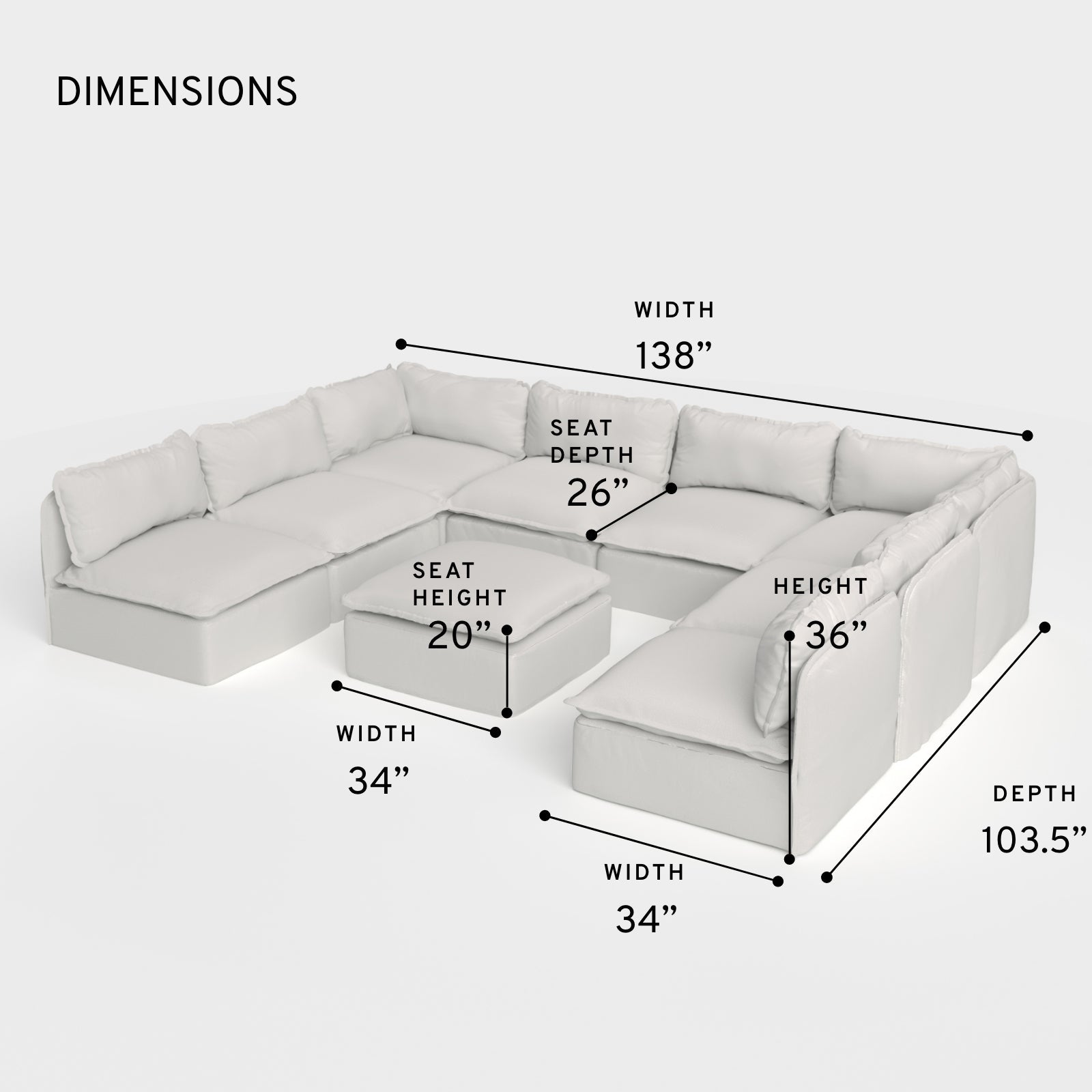 Salon modulable d'extérieur lavable en forme de U avec 8 places assises et pieds décalés + pouf | Tissu Nano Slubweave couleur brume