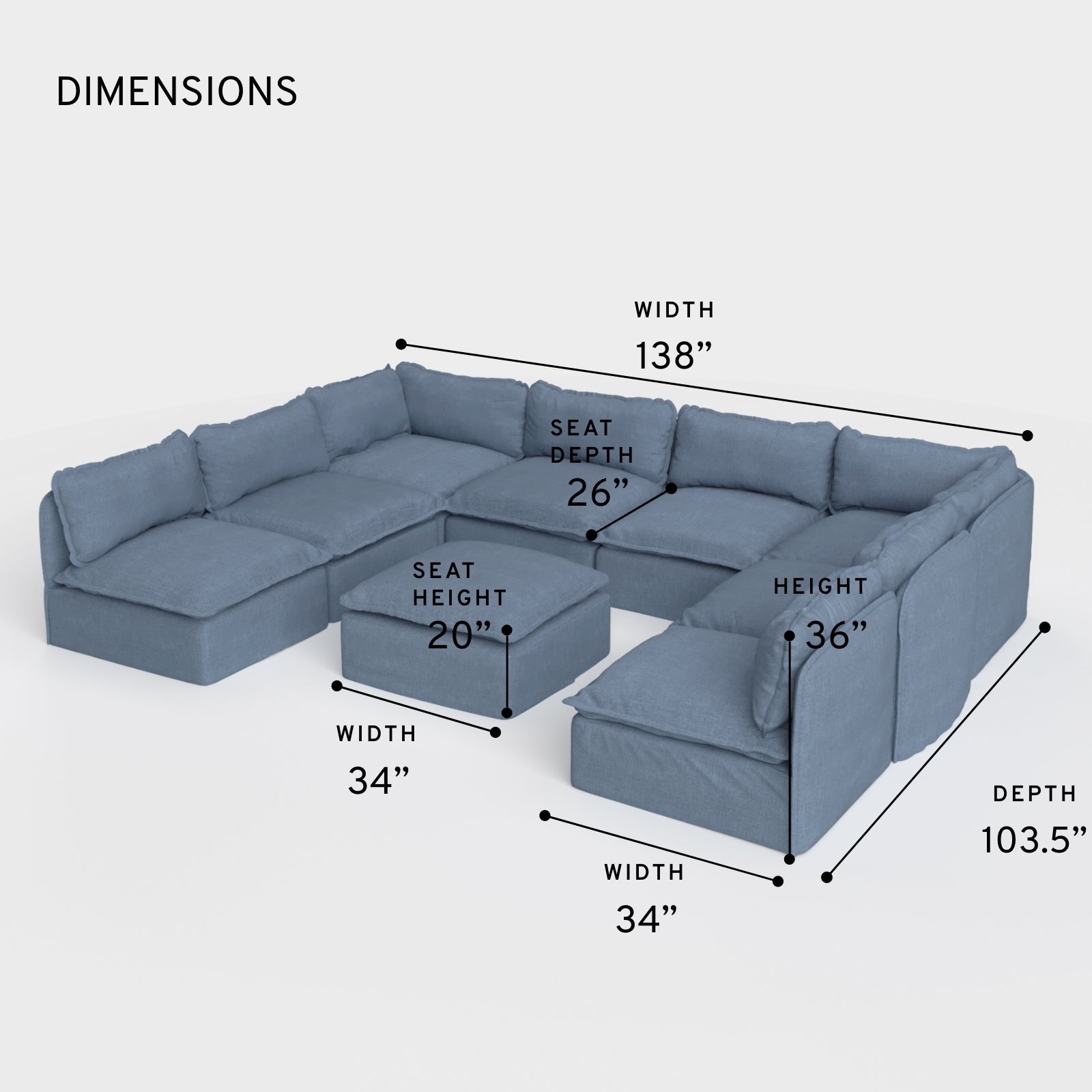 Salon modulable d'extérieur lavable en forme de U avec 8 places assises et pieds décalés + pouf | Toile classique couleur océan