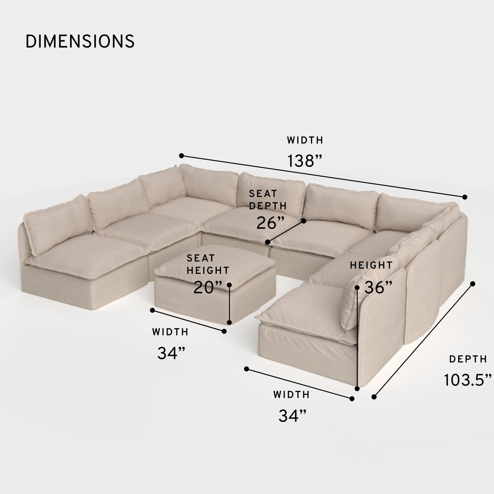 Salon modulable d'extérieur 8 places avec pieds décalés en forme de U + pouf | Toile classique couleur sable